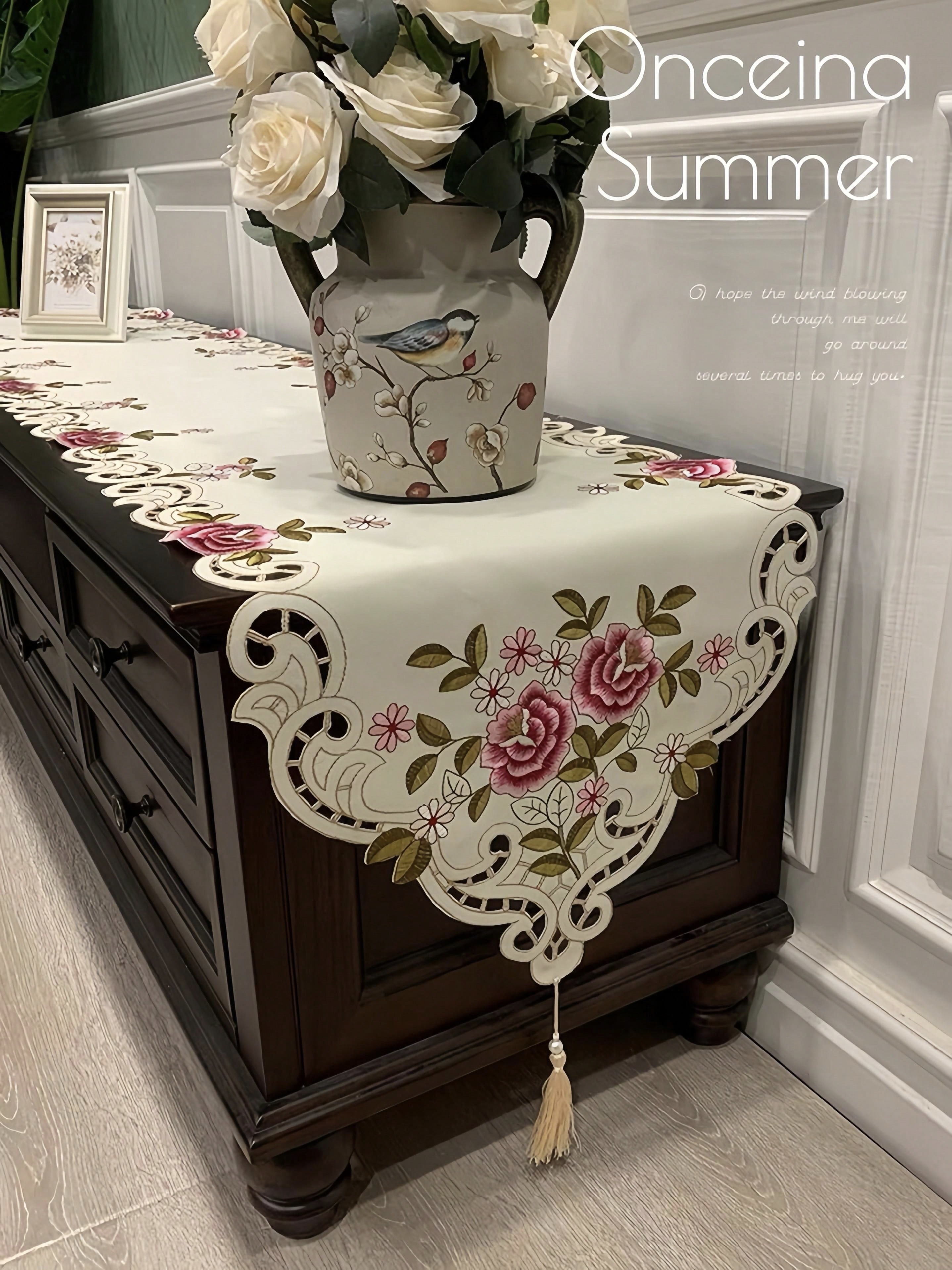 Table Runner Sequin - 1 Piece Embroidered Floral Table Runner,